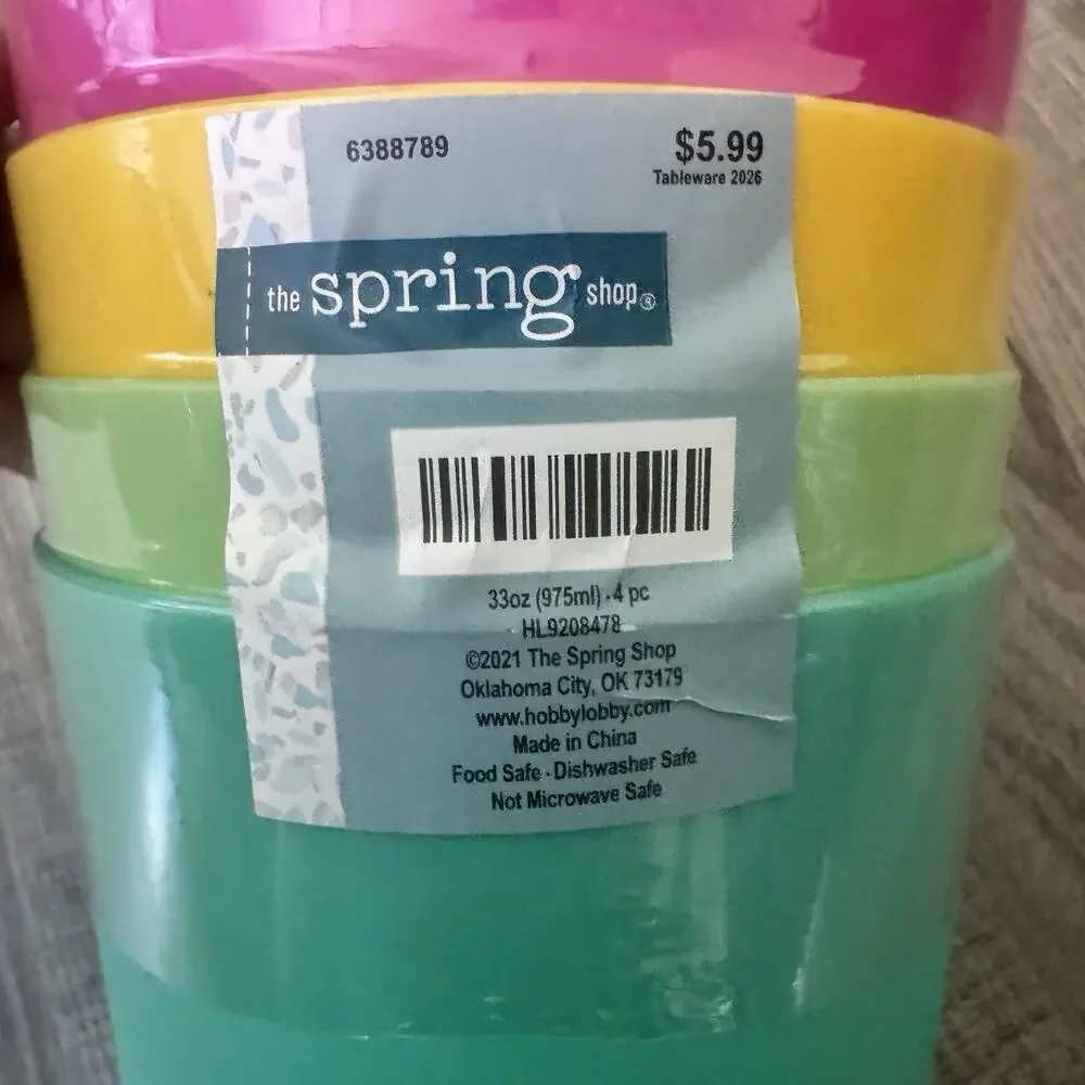 Hobby Lobby The Spring Shop 4 Plastic Tumblers 33 oz Bright Colors NWT